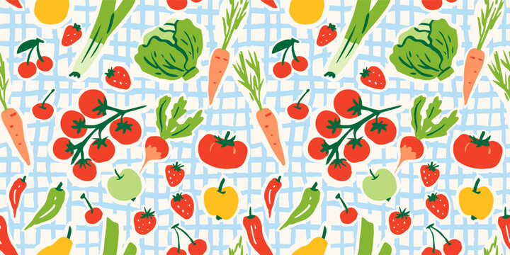 Seamless pattern with ink doodle abstract fruits and vegetables on blue grid. Trendy aesthetic farmer market background. Hand drawn vector illustration. Fresh, vibrant, vegetarian organic wallpaper.