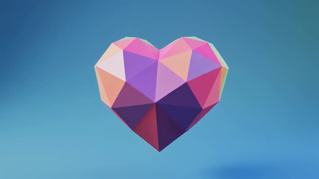 "3D geometric heart composed of polygonal facets in vibrant shades of pink, purple, orange, and blue. The heart is set against a gradient blue background, emphasizing contrast, modern design, and arti