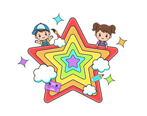 Joyful cute boy and girl playing around star with clouds, a colorful illustration for education material and children content. 