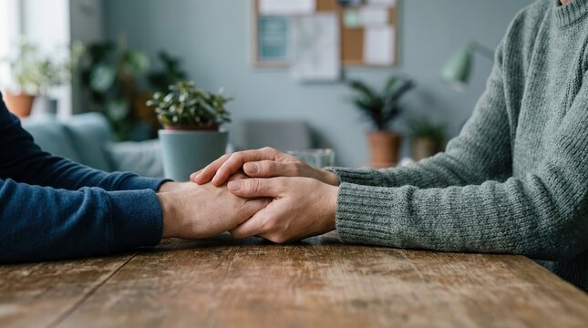 Support, Empathy, Comfort, Hands, Connection, Care, Compassion shown in a close-up of two people holding hands across a wooden table in a cozy and supportive indoor home environment.