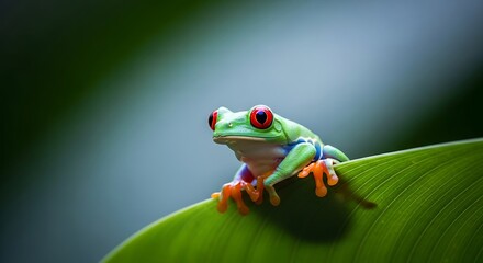Obraz premium Vibrant red-eyed tree frog perched on a bright green leaf in a lush jungle environment