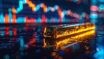 glowing Bitcoin resting on a reflective black glass surface, 