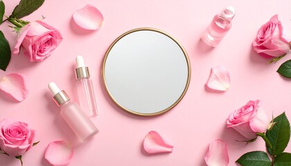 luxury skincare bottles, scattered pink rose petals, 