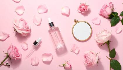 luxury skincare bottles, scattered pink rose petals, 