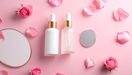luxury skincare bottles, scattered pink rose petals, 
