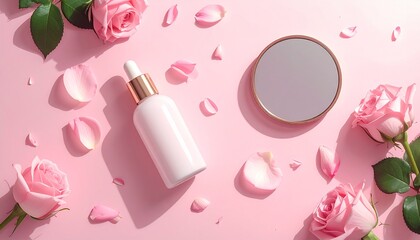 luxury skincare bottles, scattered pink rose petals, 