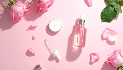 luxury skincare bottles, scattered pink rose petals, 