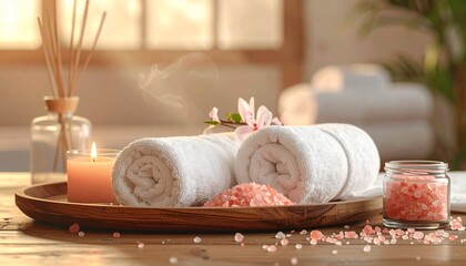 soft white spa towels, a lit aroma candle, and pink himalayan bath 
