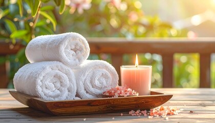 soft white spa towels, a lit aroma candle, and pink himalayan bath 