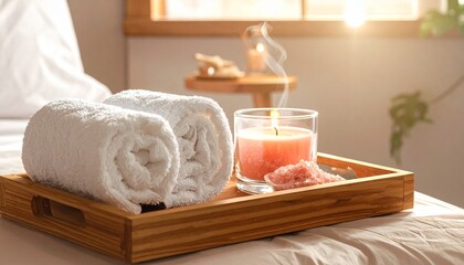 soft white spa towels, a lit aroma candle, and pink himalayan bath 