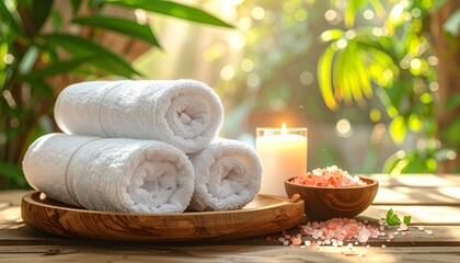 soft white spa towels, a lit aroma candle, and pink himalayan bath 