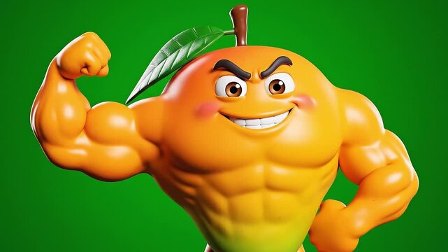Muscular cartoon mango character flexing biceps and winking with a playful expression showcasing strength and health