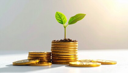 gold coins with a small green plant growing from the top 