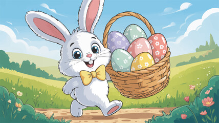 A charming cartoon easter bunny holds colorful eggs in basket on sunny day
