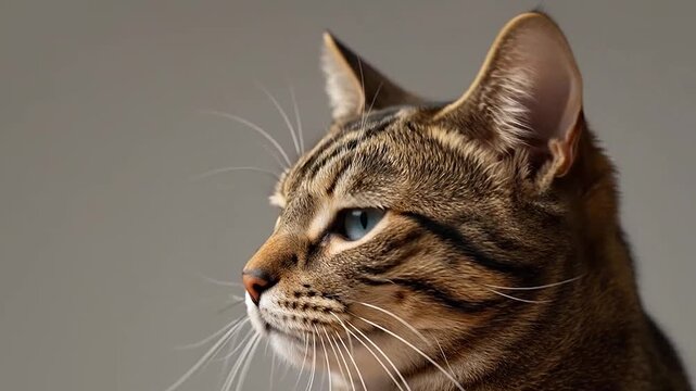 Calm and curious tabby cat looking sideways with piercing blue eyes on a neutral bright studio background.