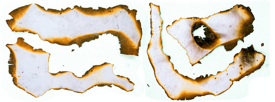 Collection of burnt holes in piece of paper isolated on transparent png cut out background, design elements