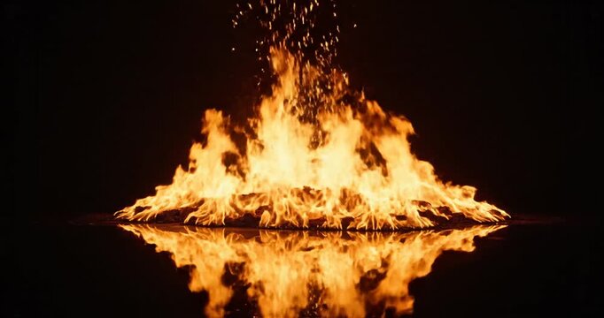 Intense flames erupting from a fiery base reflecting on a dark surface, creating a dramatic atmosphere