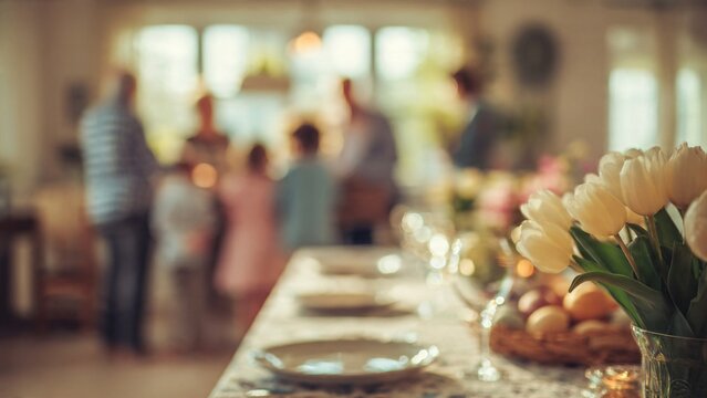 A beautifully set table with flowers and a blurred family gathering in the background at home