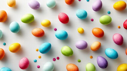 A colorful assortment of candy eggs scattered on a white surface for Easter or springtime celebration