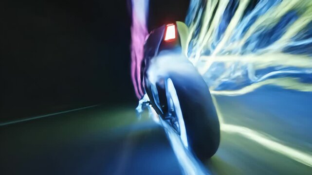 Futuristic electric motorcycle speeding through darkness leaving vibrant neon light trails and glowing wheels in a cyberpunk style animation