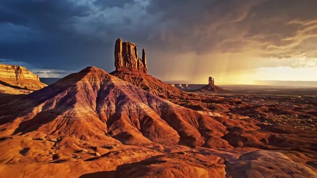 Cinematic aerial footage of monument valley mesa formations during dramatic stormy sunset light motion