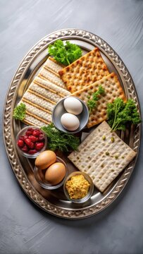 A photo of a traditional Passover Seder plate on a gray dish, featuring matzah, eggs, charoset, and maror arranged neatly