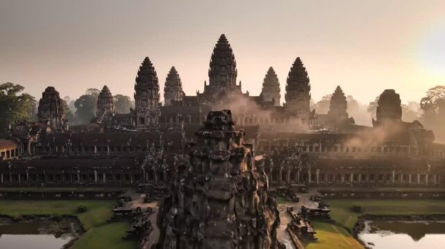 Ancient angkor wat temple complex in cambodia at sunrise, aerial drone shot revealing majestic architecture