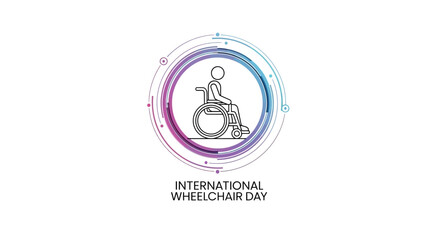 Fototapeta premium International Wheelchair Day vector illustration with a person in a wheelchair and colorful circular design on a white background, promoting disability inclusion and accessibility.