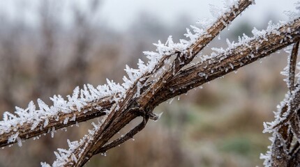 Naklejka premium Close-up captures the enchanting scene of delicate frost crystals clinging to a plant branch, in the soft light of a winter morning.