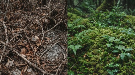 Obraz premium A comparison of natural decay and vibrant vitality in a forest, contrasting the old and the new, life and death.