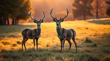 Two majestic deer standing in a grassy field surrounded by trees under the warm sunlight at golden hour :