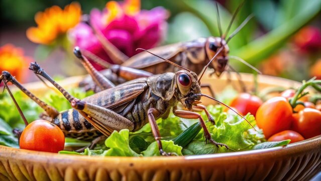 A photo of crickets munching on fresh vegetables near a flower pot outside their habitat