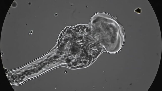 Detailed microscopic view of a single-celled protist under microscope, showcasing its amoeboid movement and internal granular structures, a fascinating biological specimen for science and education