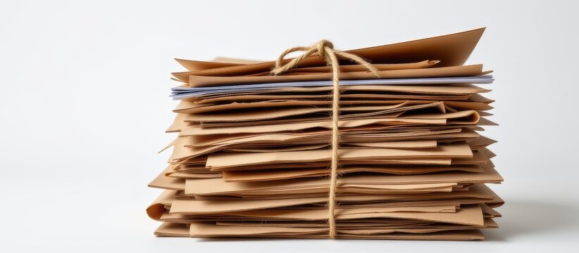Stack of old envelopes tied with string on a white surface, vintage correspondence concept