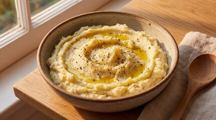 A mouthwatering bowl of creamy mashed potatoes drizzled with olive oil and sprinkled with black pepper sits invitingly.