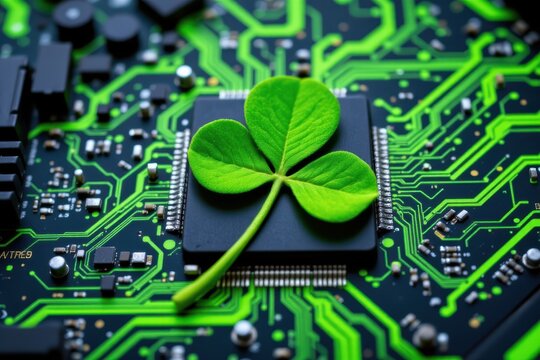 Green four-leaf clover resting on a black microchip with glowing green circuit lines.