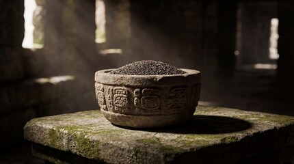 Ancient Stone Bowl and Mystery Dust in a Sunlit Chamber.