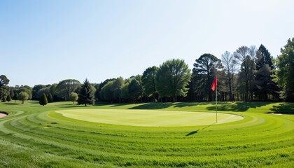 Obraz premium Golf course green with flag, surrounded by trees under clear blue sky.