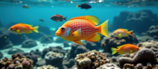 Obraz premium Colorful fish swimming above coral reefs in clear ocean water with sunlight filtering through.