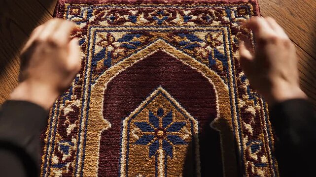 Hands Smoothing Out Traditional Woven Prayer Mat on Wooden Floor
