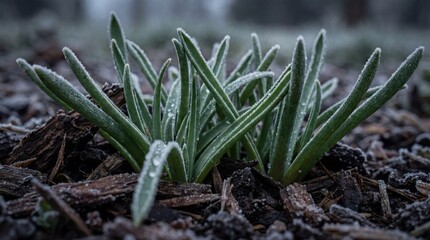 Obraz premium Close-up captures icy blades of grass emerging from frost-covered earth, conveying resilience and the subtle beauty of a winter landscape.