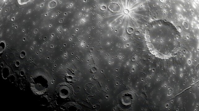 A detailed grayscale image of the Moon"s surface showing numerous craters of varying sizes and rough lunar terrain.
