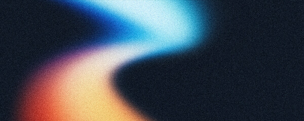 Naklejka na ściany i meble Vibrant grainy background, blue yellow orange red glowing abstract shape on dark backdrop, noise texture header, banner, poster, wallpaper design