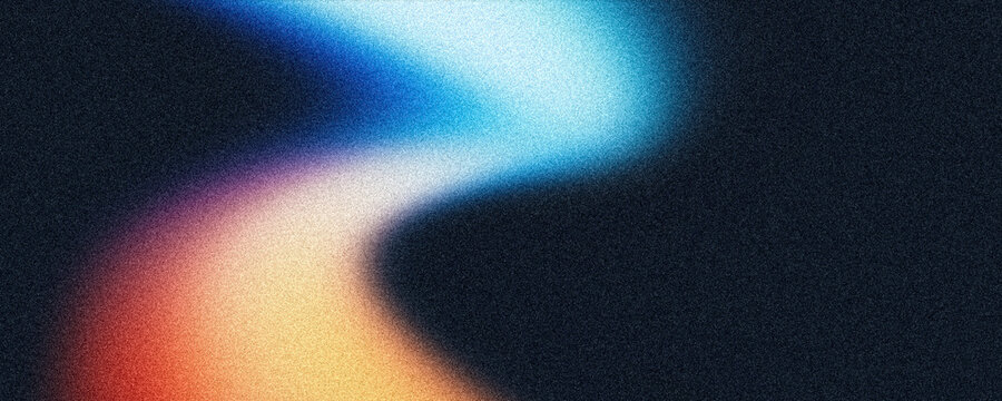 Vibrant grainy background, blue yellow orange red glowing abstract shape on dark backdrop, noise texture header, banner, poster, wallpaper design