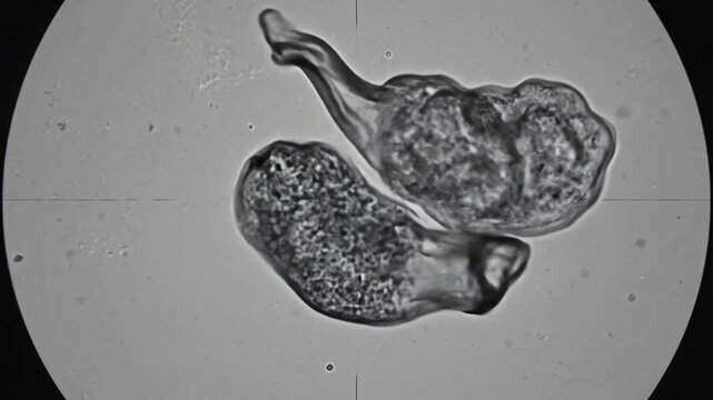 Intricate microscopic view of two amoeba protist organisms interacting, showcasing their pseudopods and granular cytoplasm in a dynamic biological study, a protist under microscope for science