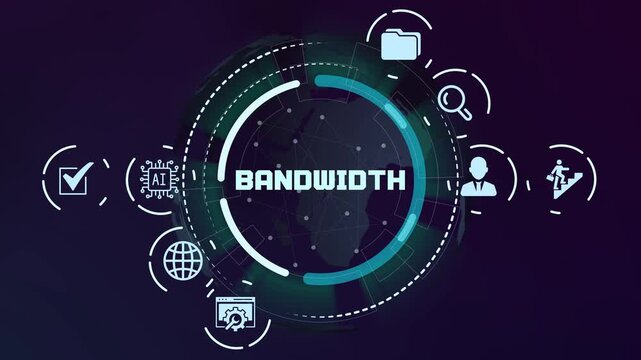 High speed digital bandwidth and data transmission concept with glowing network lines and futuristic technology interface icons.