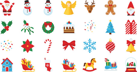 Flat Vector Illustration Set of Christmas Icons Featuring Santa Claus, Reindeer, Snowman, Christmas Tree, Wreath, Ornaments, and Festive Holiday Decorations