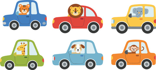 Cute animal characters driving colorful toy cars vector set featuring lion tiger elephant monkey giraffe and dog isolated on white background for kids transport design © MstShefaly