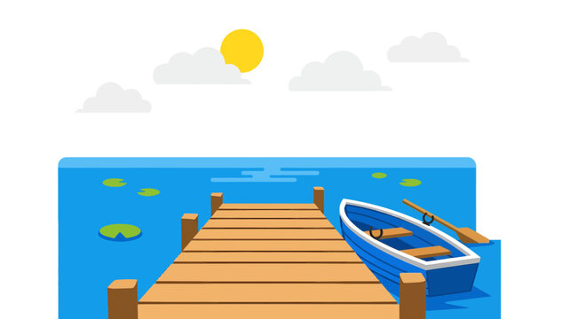 Wooden pier with boat illustration, vector style graphic, travel and leisure concept