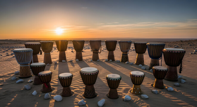 Rhythmic Circle: A visually stunning scene showcases a circle of drums set against the vast backdrop of a desert at sunset, creating a symphony of art and rhythm.